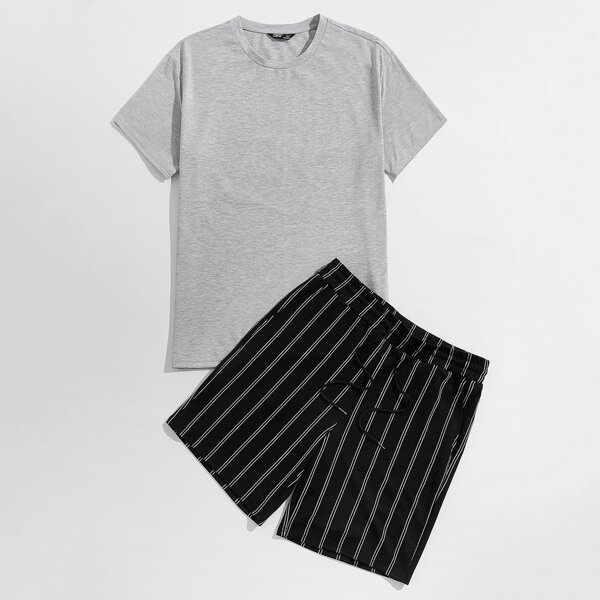 

Men Solid Top & Drawstring Waist Striped Shorts Set, Multicolor