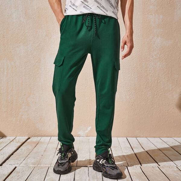 

Men Drawstring Waist Flap Pocket Joggers, Dark green