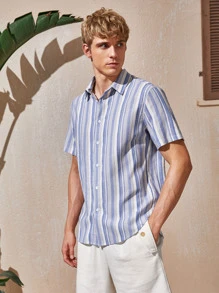 Manfinity Camisa con botón delantero de rayas - Multicolor - Ver 3