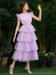 Modelyn Ruffle Armhole Layered Hem Dobby Mesh Dress Tulle Dress - Lilac Purple - View 1
