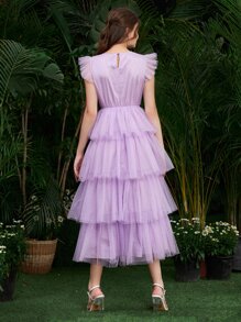 Modelyn Ruffle Armhole Layered Hem Dobby Mesh Dress Tulle Dress - Lilac Purple - View 2