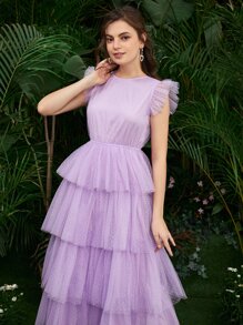 Modelyn Ruffle Armhole Layered Hem Dobby Mesh Dress Tulle Dress - Lilac Purple - View 3