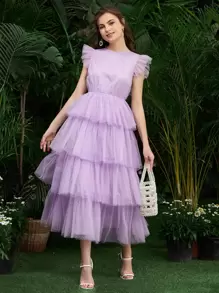Modelyn Ruffle Armhole Layered Hem Dobby Mesh Dress Tulle Dress - Lilac Purple - View 5
