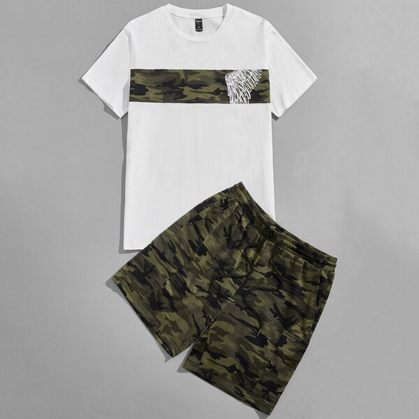 

Men Camo & Wing Print Tee and Track Shorts Set, Multicolor