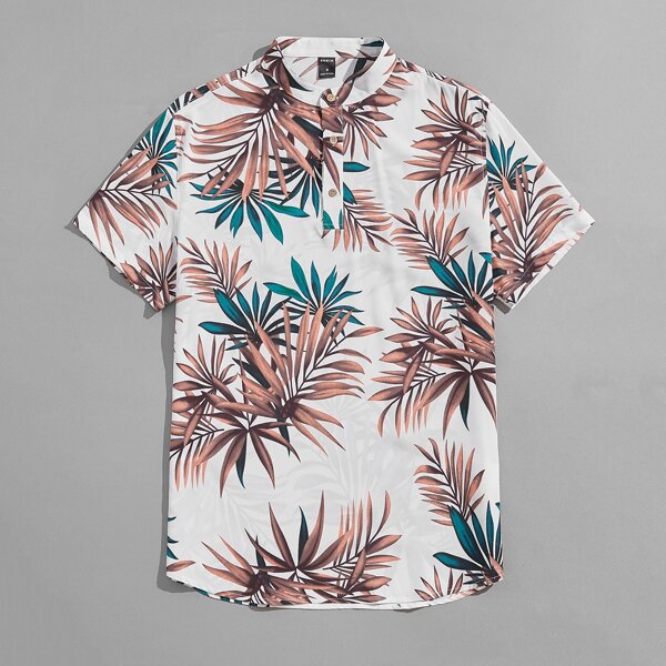 

Men Mock Neck Tropical Print Shirt, Multicolor