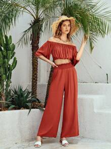 SHEIN Off Shoulder Puff Sleeve Top & Paperbag Waist Trousers Set - Burnt Orange - View 1
