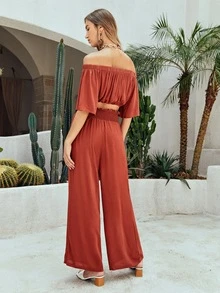SHEIN Off Shoulder Puff Sleeve Top & Paperbag Waist Trousers Set - Burnt Orange - View 2