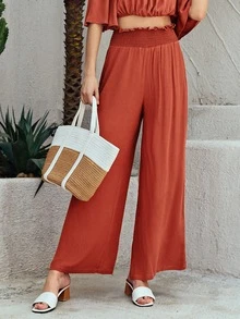 SHEIN Off Shoulder Puff Sleeve Top & Paperbag Waist Trousers Set - Burnt Orange - View 5