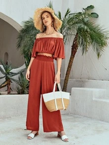 SHEIN Off Shoulder Puff Sleeve Top & Paperbag Waist Trousers Set - Burnt Orange - View 6