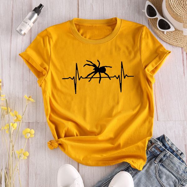 

Spider Print Round Neck tee, Mustard yellow