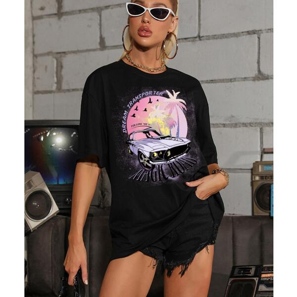 

Car & Tropical Print Drop Shoulder Tee, Black