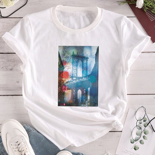 

Flower & Building Print Tee, White
