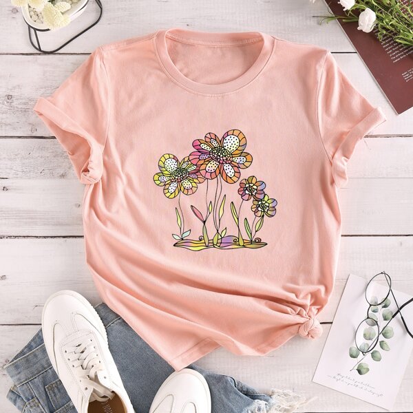 

Floral Print Round Neck Tee, Baby pink