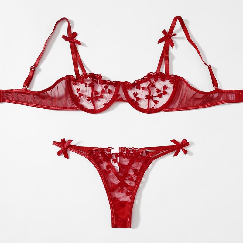 

Heart Embroidered Mesh Lingerie Set, Red