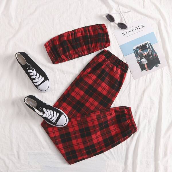 

Plaid Tube Crop Top & Pants Set, Multicolor