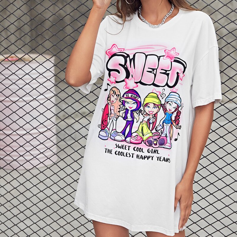 

Cartoon & Slogan Graphic Drop Shoulder Tee Dress, White
