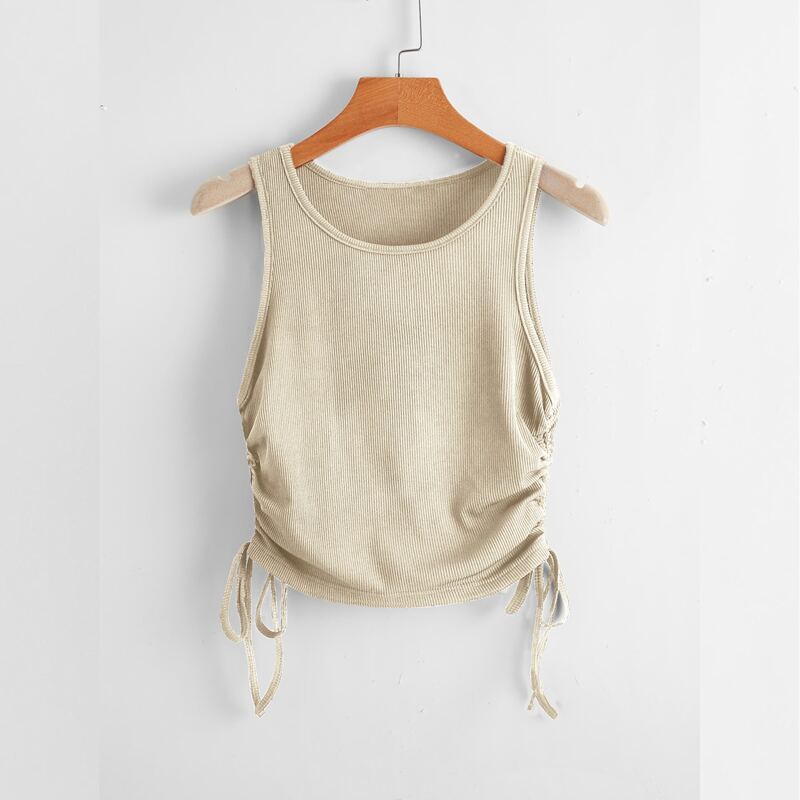 

Solid Drawstring Ribbed Tank Top, Beige