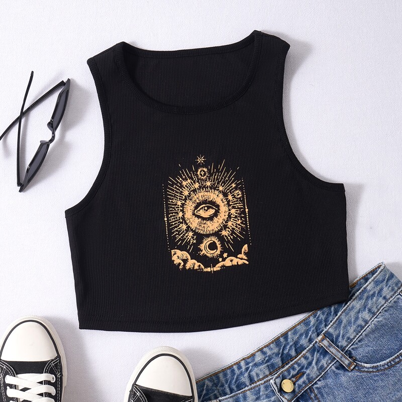 

Eye And Moon Graphic Ribbed Tank Top, Black