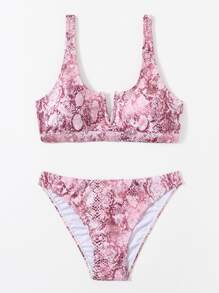 Snakeskin Print V Wired Bikini Set - Multicolor - View 1