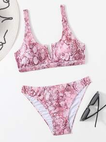 Snakeskin Print V Wired Bikini Set - Multicolor - View 5
