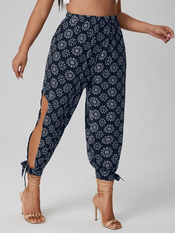 Plus Allover Floral Split Knot Hem Pants SHEIN USA