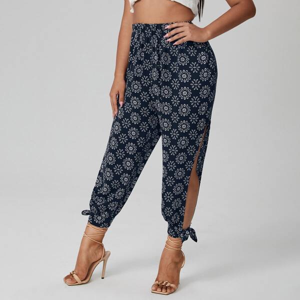 

Plus Allover Floral Split Knot Hem Pants, Navy blue