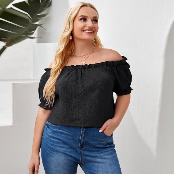 

Plus Bardot Frill Trim Solid Top, Black