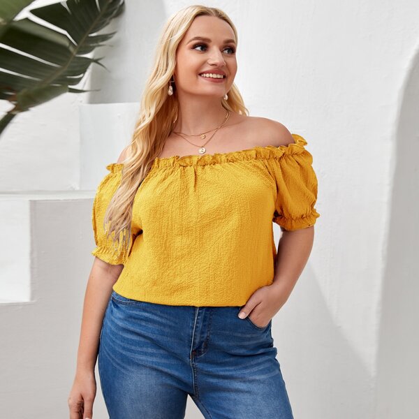 

Plus Bardot Frill Trim Solid Top, Yellow