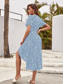 Allover Print Tie Side Wrap Dress - Baby Blue - View 2