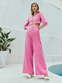 SHEIN Slant Pocket Solid Trousers - Pink - View 1