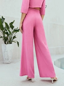 SHEIN Slant Pocket Solid Trousers - Pink - View 2