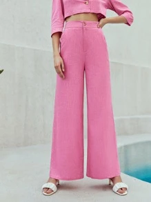 SHEIN Slant Pocket Solid Trousers - Pink - View 4