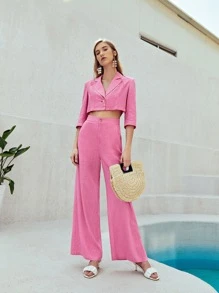 SHEIN Slant Pocket Solid Trousers - Pink - View 5