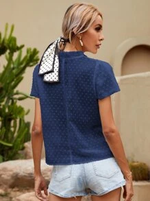 Swiss Dot Frill Trim Blouse - Navy Blue - View 2