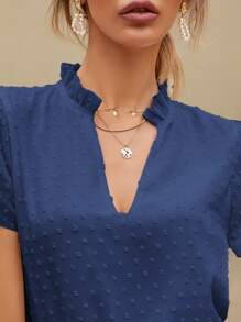 Swiss Dot Frill Trim Blouse - Navy Blue - View 3