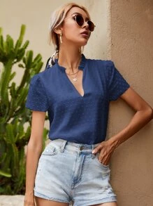 Swiss Dot Frill Trim Blouse - Navy Blue - View 5