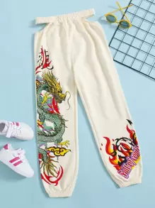 SHEIN Girls Chinese Dragon Print Cutout Waist Sweatpants