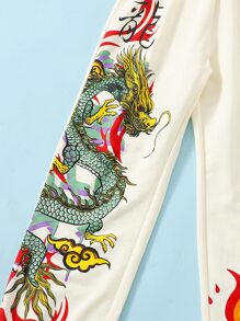 SHEIN Girls Chinese Dragon Print Cutout Waist Sweatpants