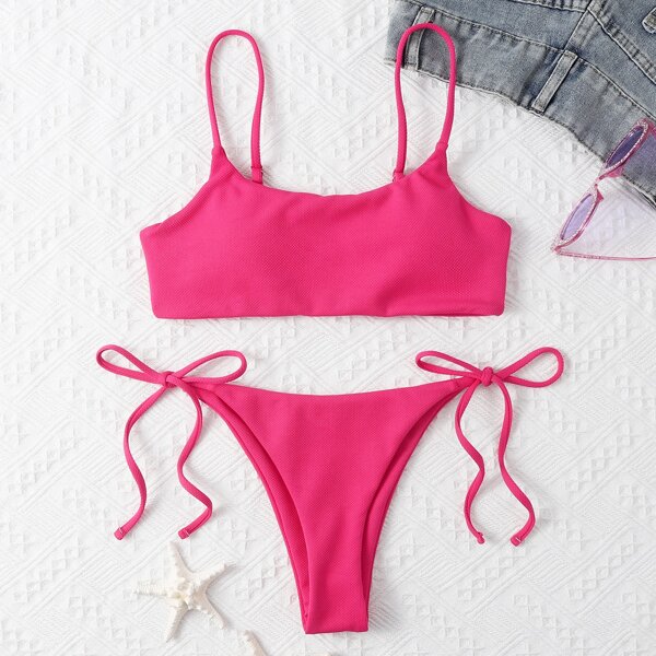 

Plain Tie Side Bikini Swimsuit, Hot pink