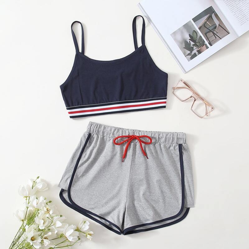 

Striped Drawstring Waist Cami Lounge Set, Multicolor