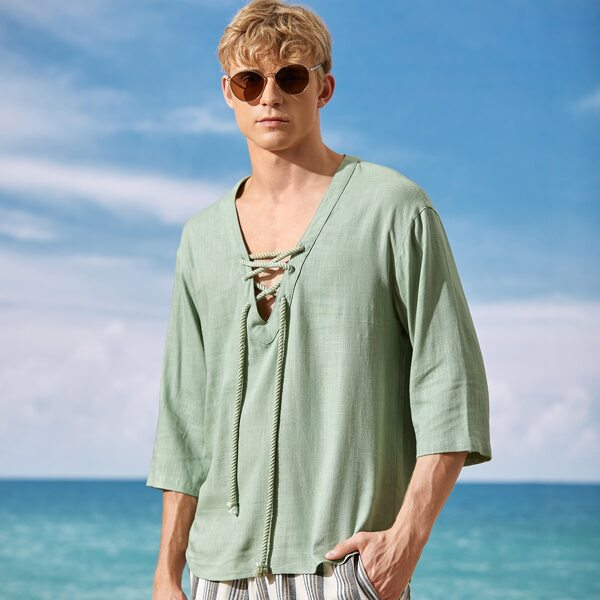 

Men Solid Lace Up Detail Top, Mint green