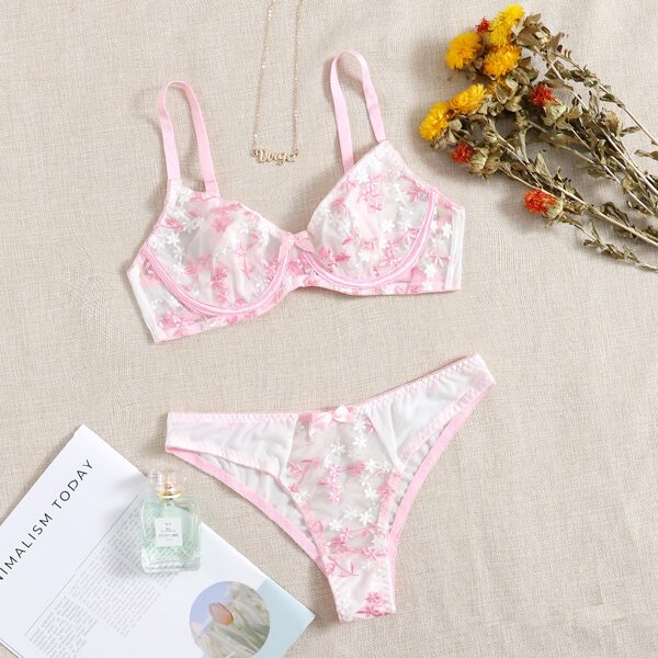 

Embroidered Mesh Underwire Lingerie Set, Multicolor