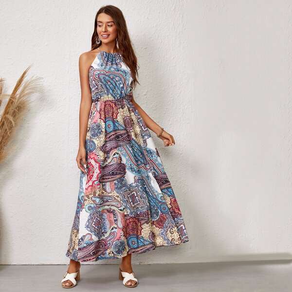 

Paisley Print Tie Back Halter Dress, Multicolor