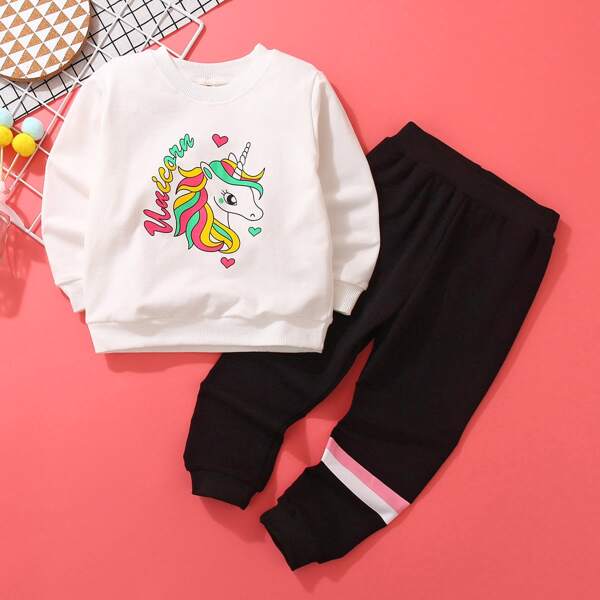 

Toddler Girls Cartoon Graphic Sweatshirt & Sweatpants, Black and white