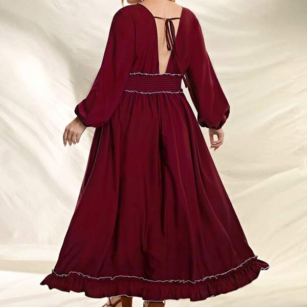 

Plus Shirred Frill Tie Back A-line Dress, Burgundy