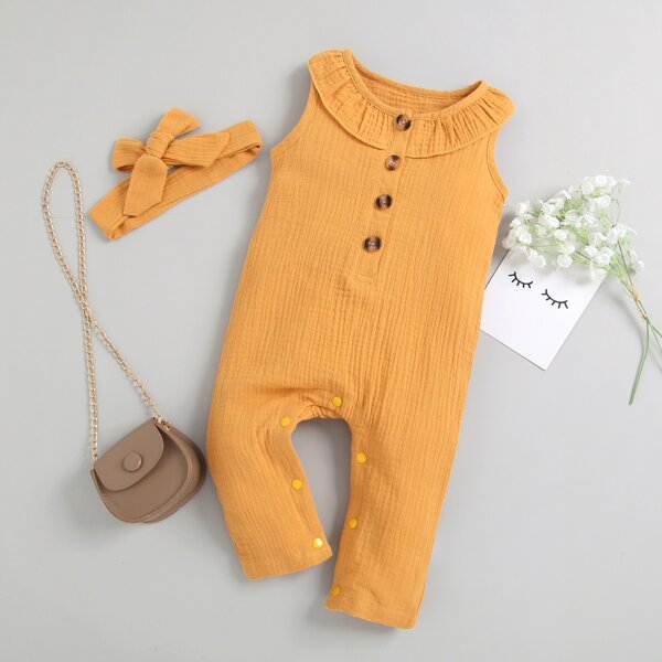 

Baby Girl Half Button Ruffle Trim Jumpsuit & Headband, Yellow