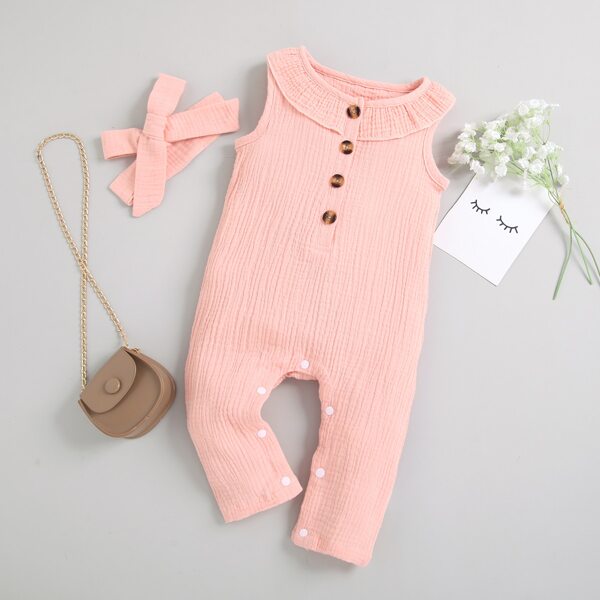 

Baby Girl Half Button Ruffle Trim Jumpsuit & Headband, Dusty pink
