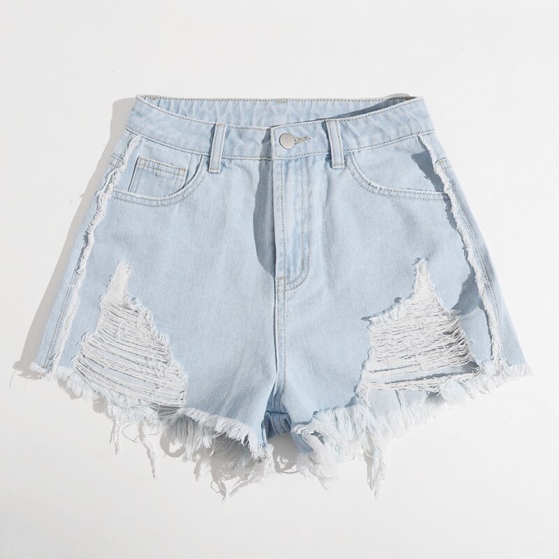 

Distressed Ripped Denim Shorts, Light wash