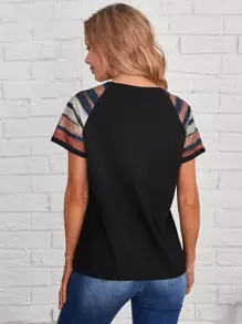 SHEIN LUNE Striped Print Raglan Sleeve Tee - Black - View 2