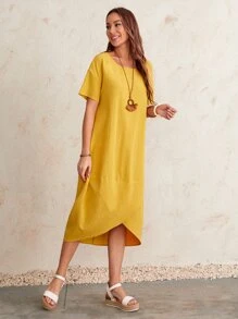 EMERY ROSE 大圓領不對稱下擺連衣裙 - 黃色 - 查看 4